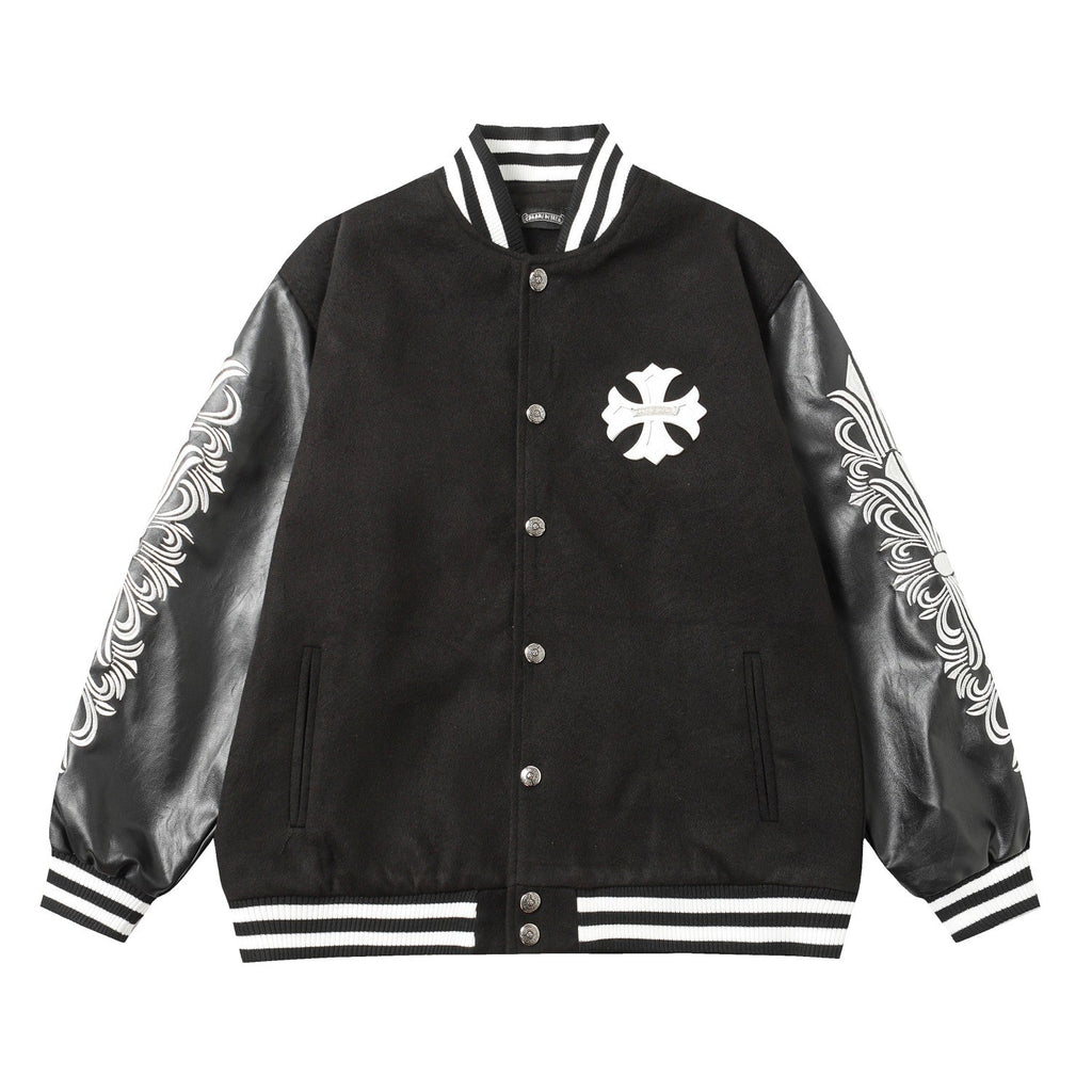 Cross Embroidered Leather Sleeve Varsity Jacket - Black Street Style 116